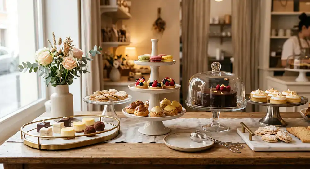 Alzatine e vassoi eleganti per l'esposizione di dolci