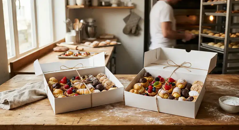 Scatole di pasticcini appena sfornati pronte per la consegna