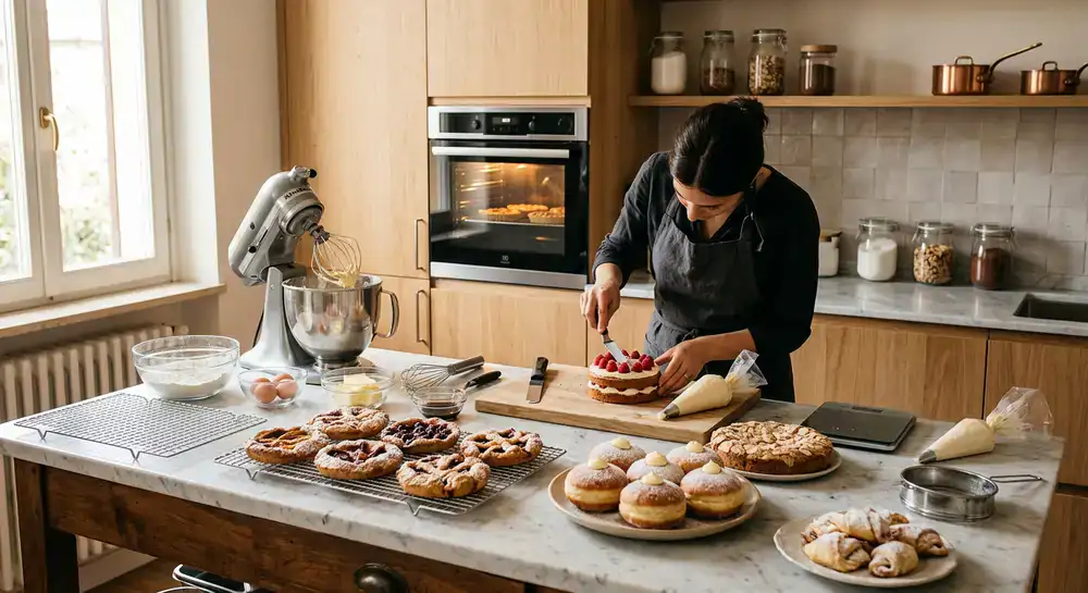 Cucina moderna con strumenti di pasticceria e dolci appena sfornati
