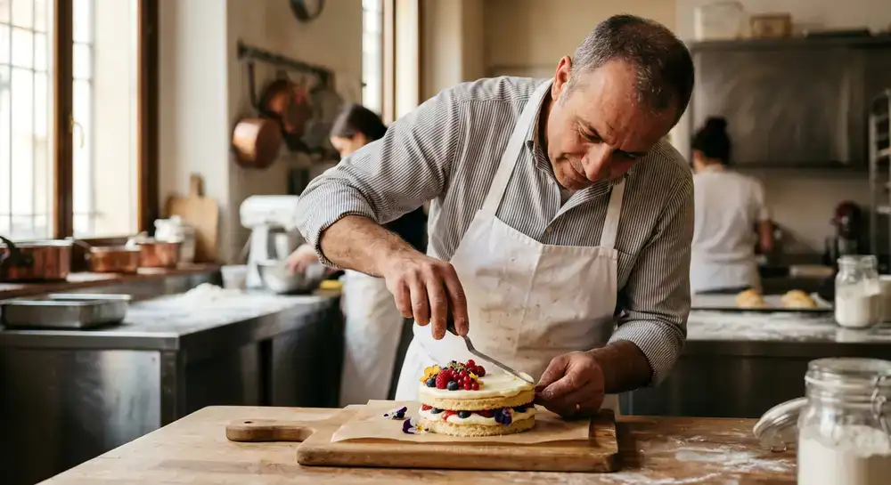 Pasticcere che prepara un dolce con cura artigianale