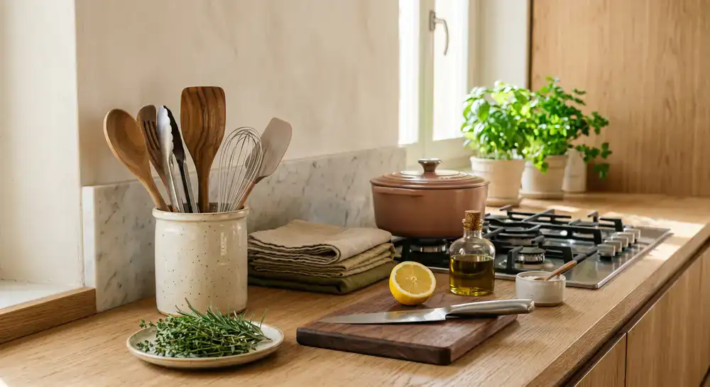 Dettaglio di un allestimento per cucina moderna e utensili