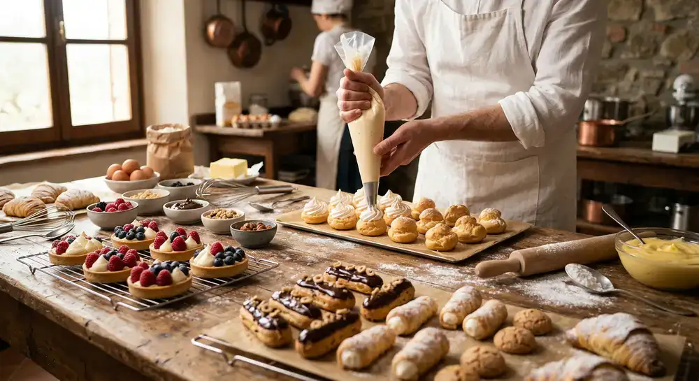 Pasticcini freschi e lavorazione artigianale su un banco da lavoro